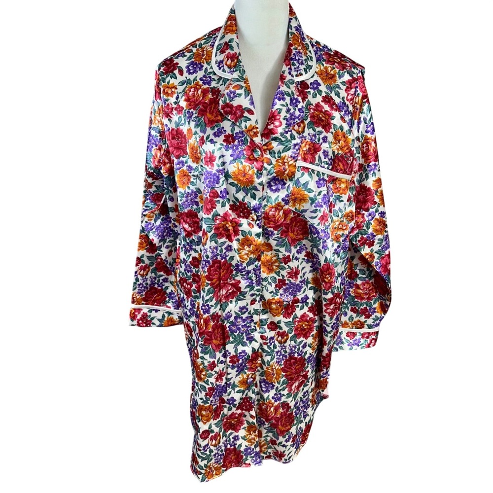 Kathryn Vintage Floral Satin Button Up Nightgown Loungewear Shirt Dress L